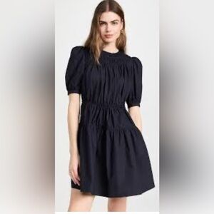 Shoshanna Women's Drea Cotton Poplin Mini Dress Elegant Black Puff Sleeve Dress